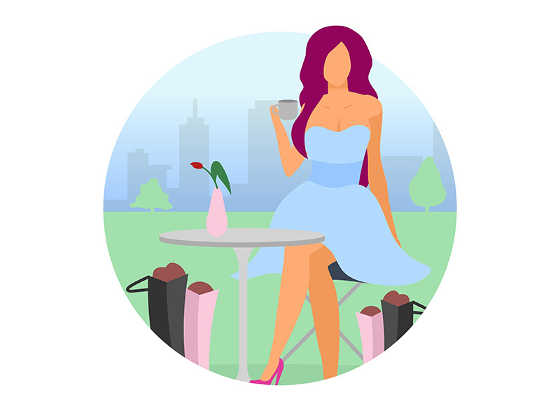 Elegant lady drinking coffee at mall flat concept icon