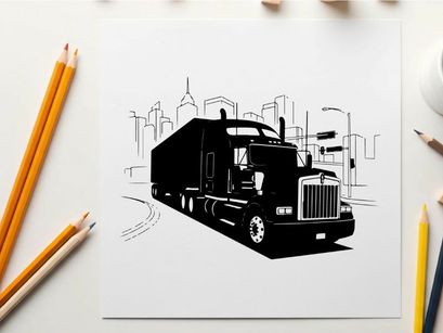 Silhouette of a semi truck driving on a city street at night