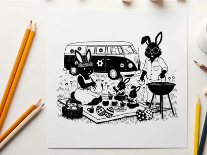 Bunnies picnic silhouette with bbq and flower power van