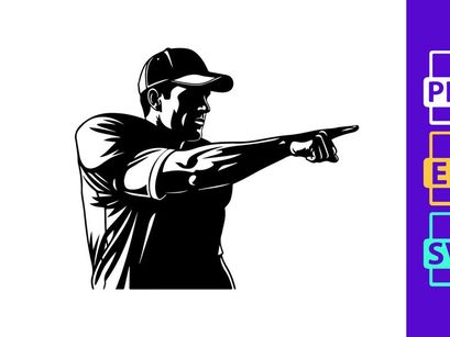 A man pointing to the right with his arm outstretched in a black and white illustration