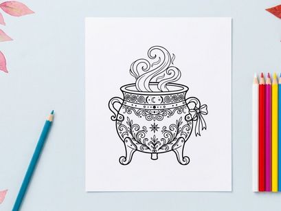 Ilustrasi seni garis ketel penyihir. Panci ajaib dengan uap untuk halaman buku mewarnai.