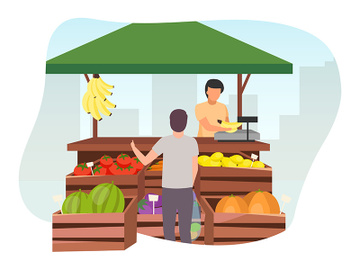 Fruits and vegetables market stall with seller flat illustration preview picture