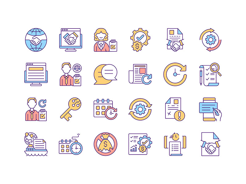 Contract management RGB color icons set