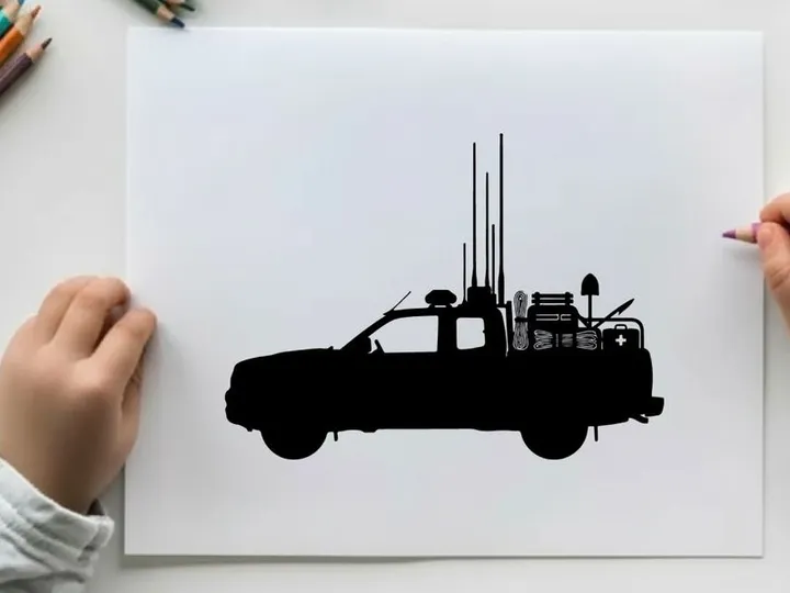 Silhouette of a truck with communications equipment and antennae