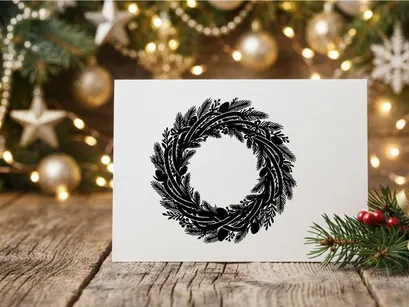 Schwarze Weihnachtskranz-Illustration mit Tannenzweigen und Zapfen auf weißem Hintergrund