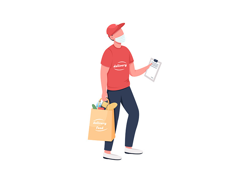 Groceries delivery carrier in mask flat color vector faceless character