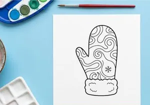Manopla navideña dibujada a mano con patrones de copos de nieve y espirales para diseño festivo