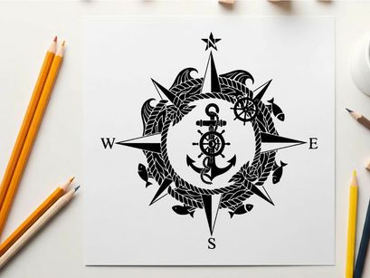 Nautical compass rose with anchor silhouette