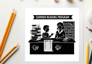 Summer reading program silhouette illustration of kids and librarian