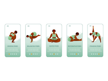 Yoga standing and seated poses onboarding mobile app screen vector template preview picture