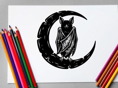 Stilisierte Eulen-Illustration mit Fledermausflügeln auf einer Sichelmond-Silhouette