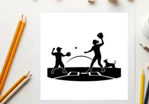 Silhouette of two people playing catch with dog on tennis court