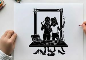 Two women admiring themselves in a large ornate mirror silhouette