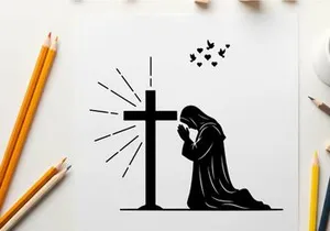 Silhouette of a person praying beside a cross silhouette