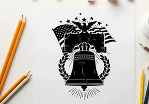Liberty bell silhouette with american flags and eagle