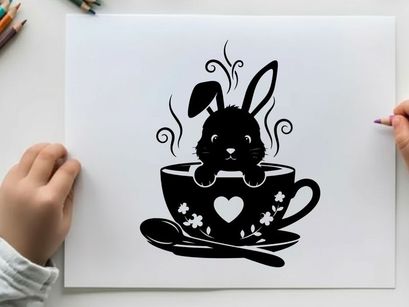 Silhouette of a bunny in a heart teacup silhouette