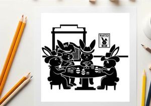 Silhouette of four rabbits playing poker in a smoke filled room silhouette