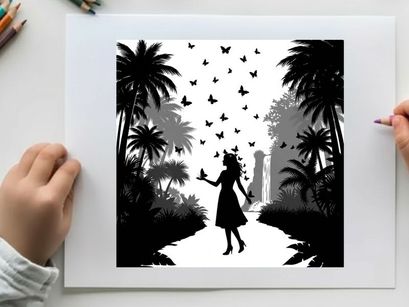 Silhouette of a woman releasing butterflies in a tropical paradise