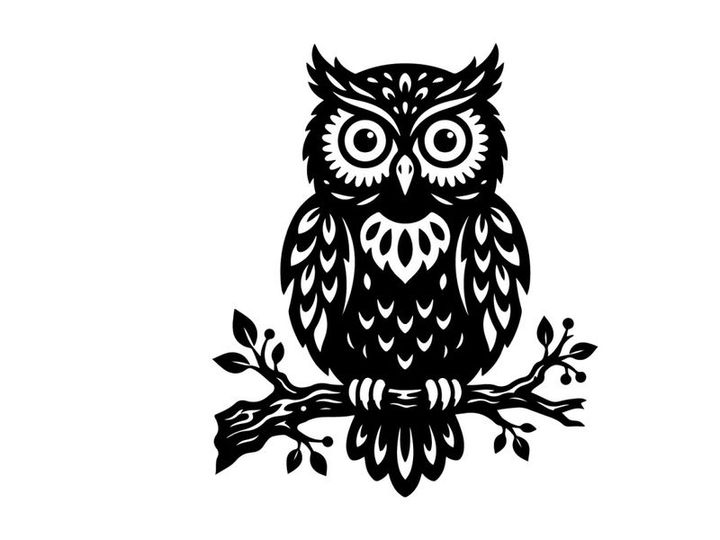 Stylized black and white owl illustration for design and branding