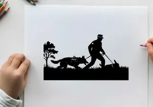 Police officer and dog in silhouette searching for evidence