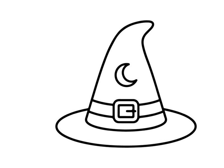 Witch or wizard cartoon hat with moon and buckle design. Classic Halloween sorcerer headwear for fantasy characters and magical themes.