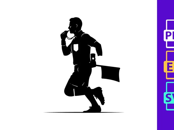 A soccer referee running with a flag in a black silhouette