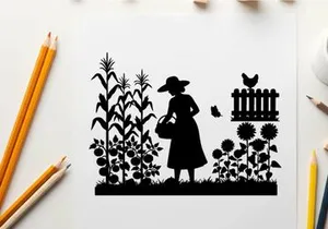 Silhouette of a woman in a garden with flowers and a chicken