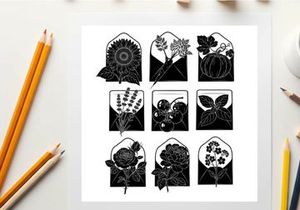 Silhouette of various floral designs and plants in black and white