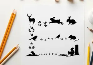 Silhouette of various animals and their footprints in a sequence