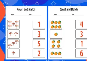 10 Pages Count and match with the correct number. Matching education game. Count how many items and choose the correct number