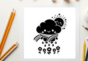 A smiling cloud silhouette wearing scarf with sun and flowers