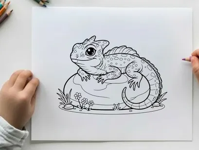 Cute cartoon lizard sitting on rock vector illustration
