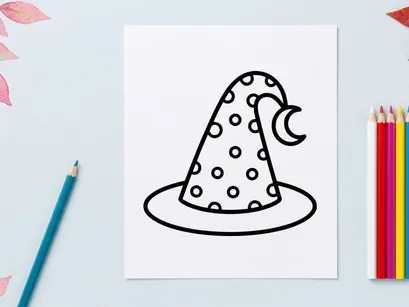 Halloween-Hexenhut mit Polka dots, isoliert auf weißem Hintergrund. Klassischer schwarzer Hexenhut-Kegel für Kostüme und Partydekoration.