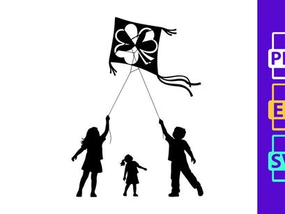 Children Flying Clover Kite Silhouette