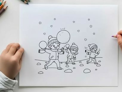 Children playing snowball fight winter joy flat design vector illustration