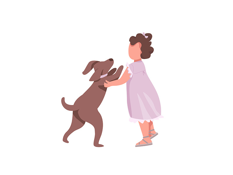 Girl play with dog flat color vector faceless characters