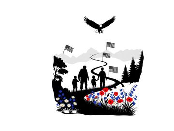 Family silhouette walking on a path with flags and eagle silhouette preview picture