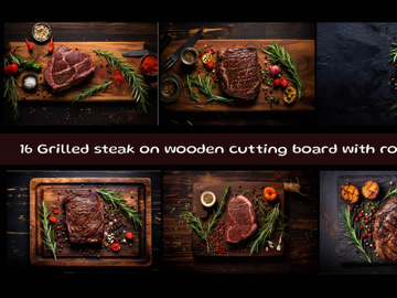 Grilled meat barbecue steak on wooden cutting board with rosemary preview picture