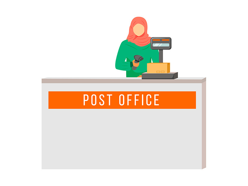 Post office female worker with hijab flat color vector illustration