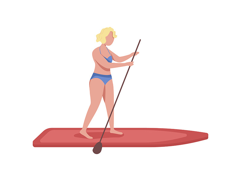 Female standing up with SUP paddle semi flat color vector character