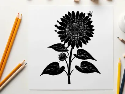 Silhouette of a large sunflower with leaves and small bloom