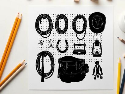 Western cowboy silhouette of ropes hats and saddles