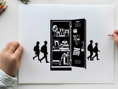 Silhouette of people walking past an open refrigerator silhouette