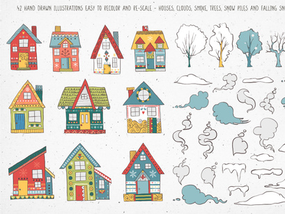 Cozy Winter Houses Vector Illustrations