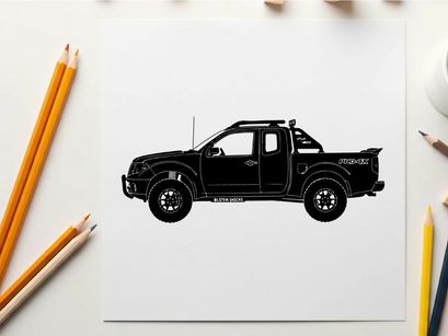 Silhouette of a black pickup truck with a roof rack