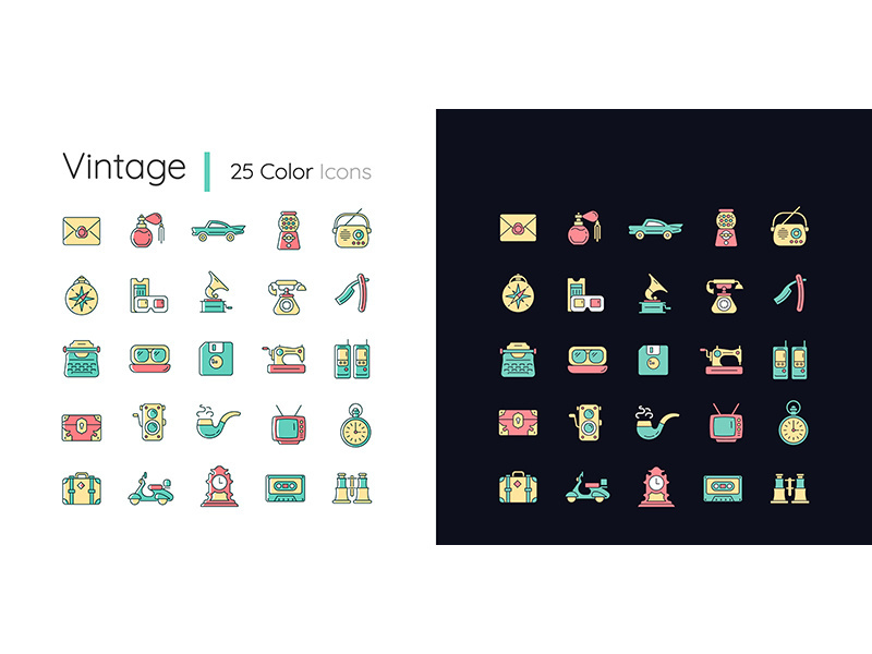 Vintage style light and dark theme RGB color icons set