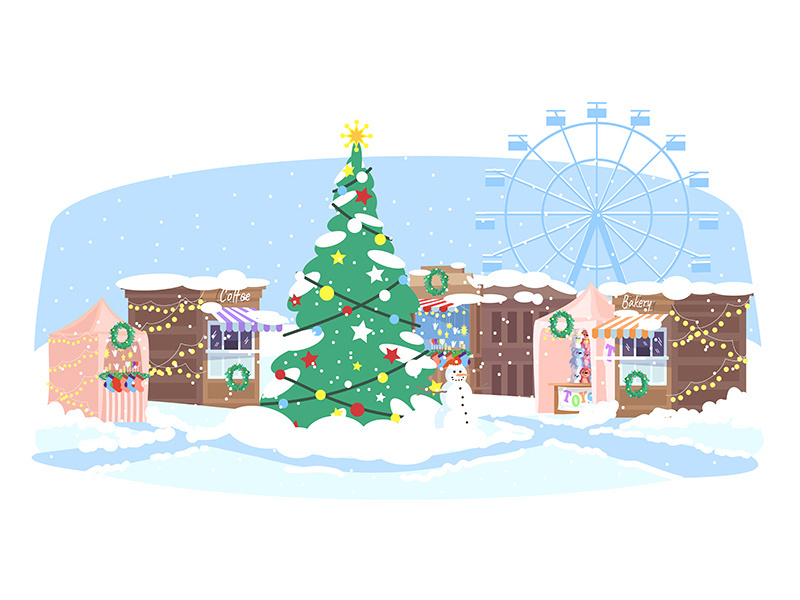 Christmas market semi flat vector illustration