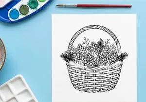 Hand drawn illustration of a wicker basket with pine branches