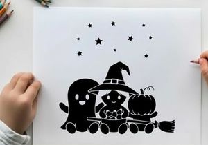 Halloween silhouette of ghost witch cat and jack o lantern on a train