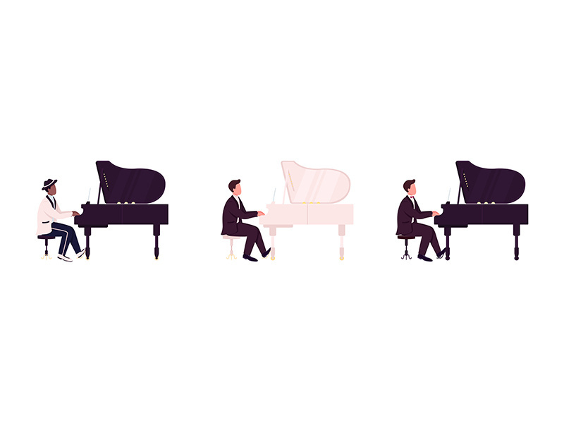 African and caucasian piano players flat color vector faceless character set